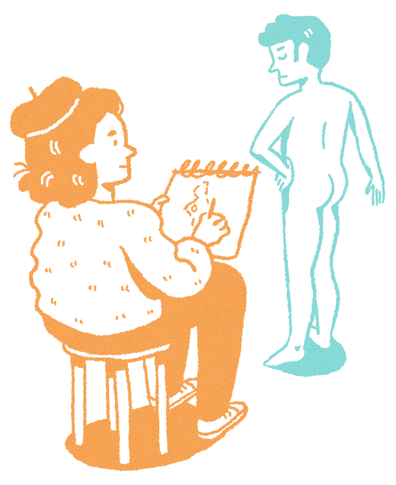 An illustration showing a character at life drawing, wearing a beret and drawing a model.